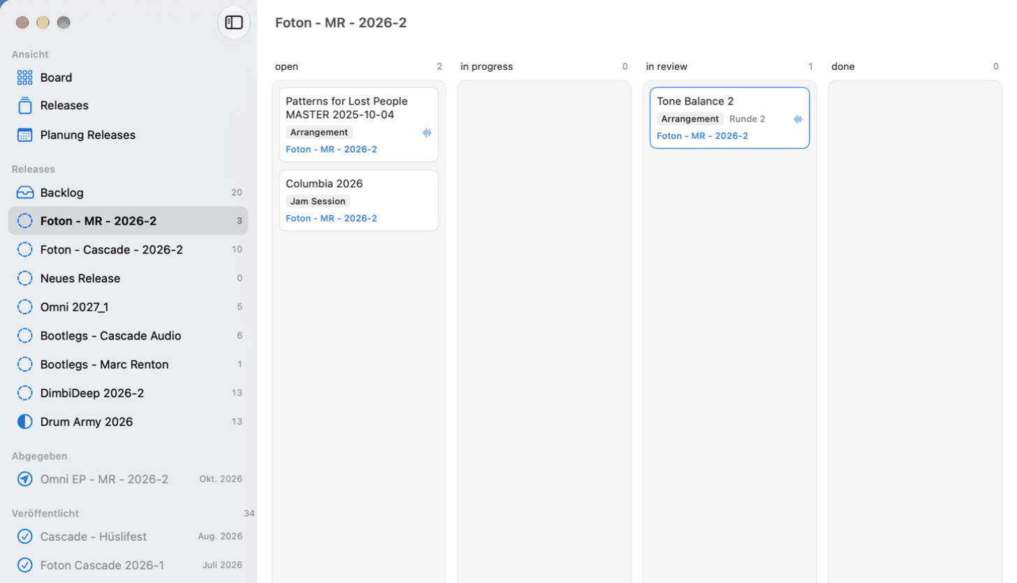 Foton Kanban: dragging the track "Tone Balance 2" from "in review" to "done" on the board